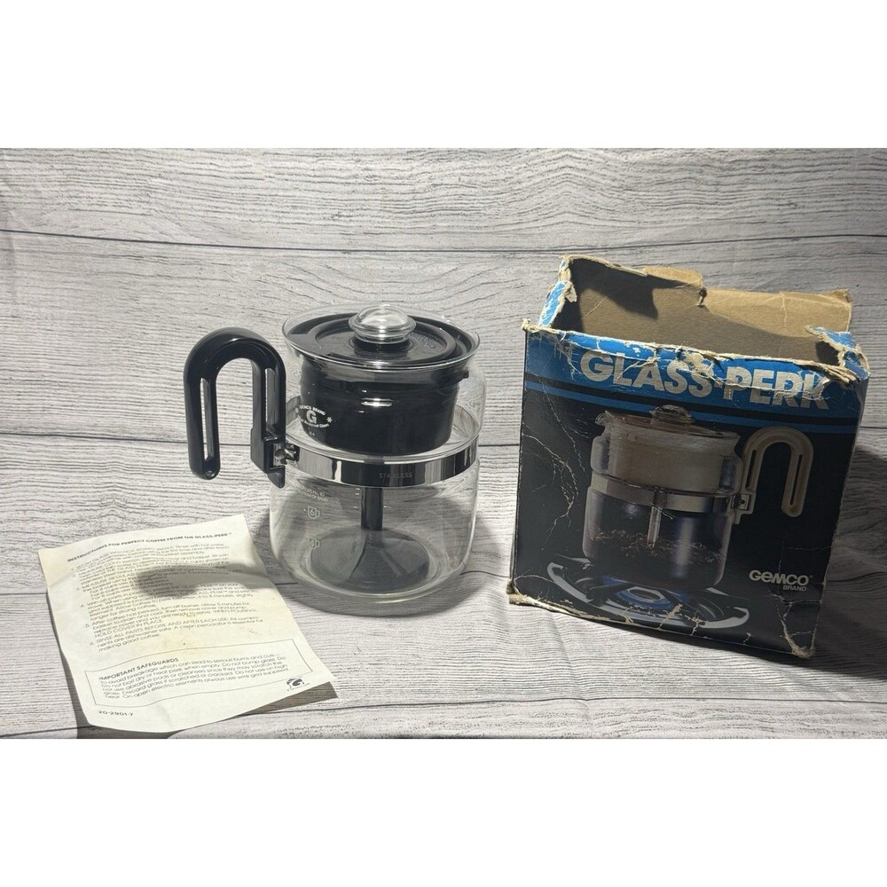 Vintage Gemco Glass Perk Coffee Maker 4-8 Cup Stovetop Percolator w Box USA